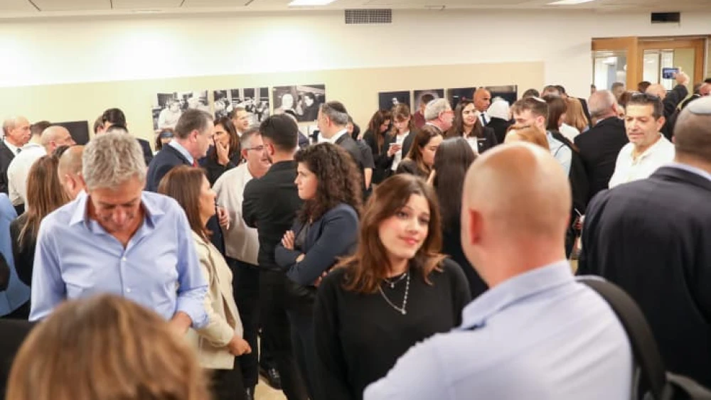 Members of parliament gather in a safe room as a siren alerts of incoming rockets at the Knesset, Oct. 16, 2023. Photo by Noam Revkin Fenton/Flash90.