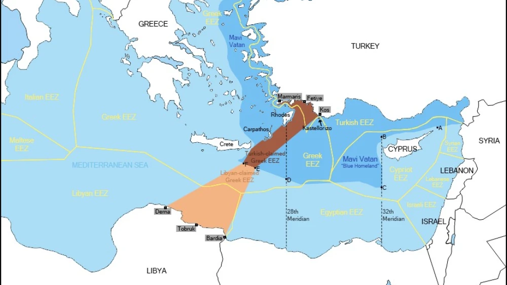 A map of Turkey's Exclusive Economic Zone (EEZ) in the eastern Mediterranean.
