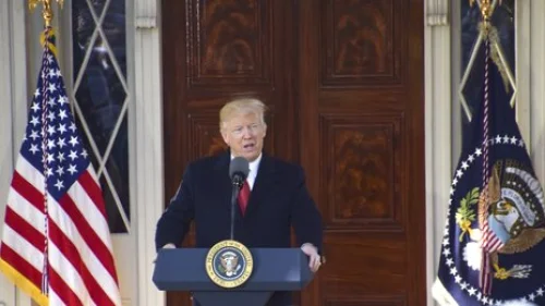 President Donald Trump speaks at the Hermitage, home of former President Andrew Jackson, in March. Trump's presidency was a major subject of discussions at April's Evangelical Press Association conference. Credit: Tennessee National Guard Public Affairs Office.