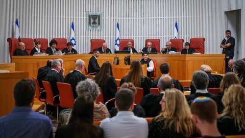 Supreme Court justices arrive for a court hearing on the government's drafting of orthodox Jewish religious studies students for the military, at the Supreme Court in Jerusalem on June 2, 2024. Photo by Amit Shabi/POOL.