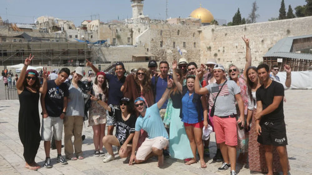 Taglit-Birthright Israel trip participants visit the Western Wall in the Old City of Jerusalem, Aug. 18, 2014. This photo was published with a recent news report on a J Street-driven letter, in which 575 Jewish students stated that Birthright has a policy of not traveling to “the West Bank.” Photo by Flash90.