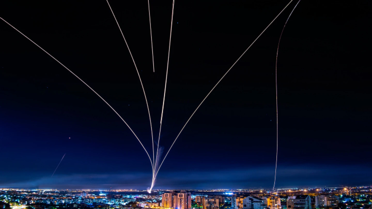 A long-exposure shot showing Israel's Iron Dome defense system firing interceptors at rockets fired from the Gaza Strip, May 16, 2021. Photo by Avi Roccah/Flash90.