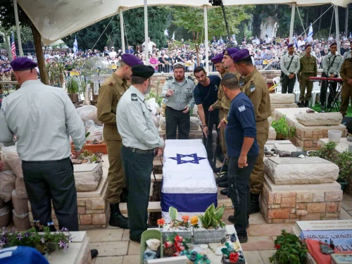 Family and friends attend the funeral of Israel Defense Forces Lt. Hadar Goldin, whose body had been held captive by Hamas in Gaza since 2014, at the Kfar Saba military cemetery, Nov. 11, 2025. Photo by Chaim Goldberg/Flash90.