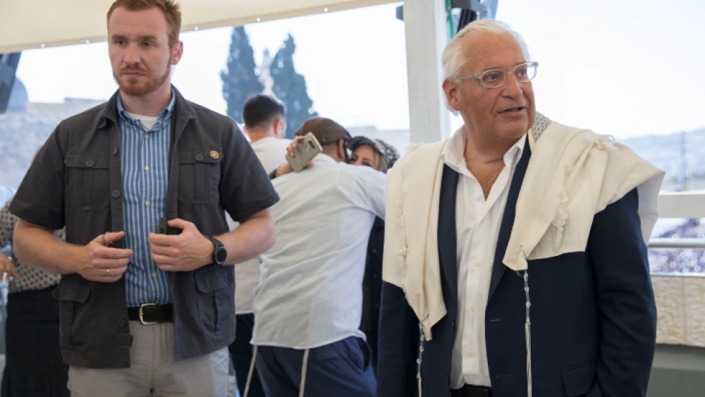 U.S. Ambassador to Israel David Friedman visits the Western Wall in Jerusalem for the priestly blessing for Kohenim during the intermediate days of the Jewish holiday of Passover. He is encouraging an official mezzuzah-hanging ceremony for May 14, 2018, when the new U.S. Embassy in Jerusalem is scheduled to be dedicated. Photo by Noam Revkin Fenton/Flash90.