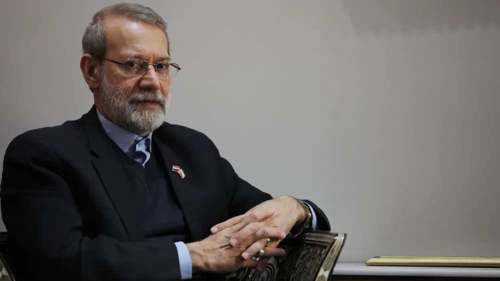 Iran's Parliament Speaker Ali Larijani during a meeting with his Syrian counterpart in Damascus, Feb. 16, 2020. Photo by Louai Beshara/AFP via Getty Images.