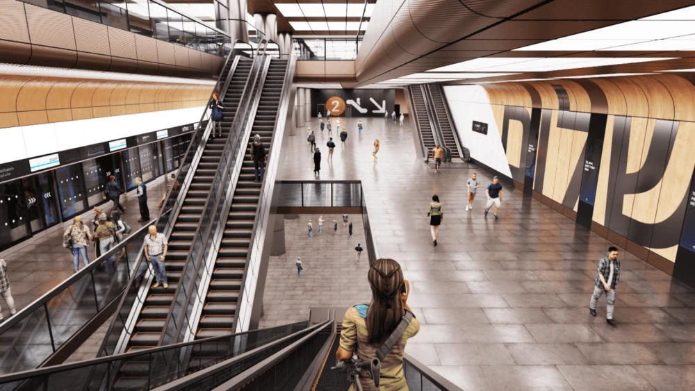 A rendering of a future underground station in the Tel Aviv Metro subway system. Credit: NTA Metropolitan Mass Transit System.