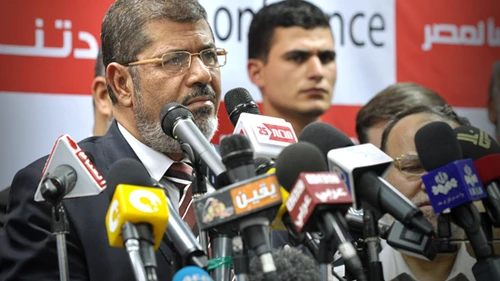 Click photo to download. Caption: Egyptian President Mohammed Morsi at a press conference. Credit: Jonathan Rashad.