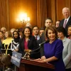 Speaker of the House Nancy Pelosi (D-Calif.) with other Democratic leaders and supporters on Capitol Hill. Credit: Twitter via Nancy Pelosi.