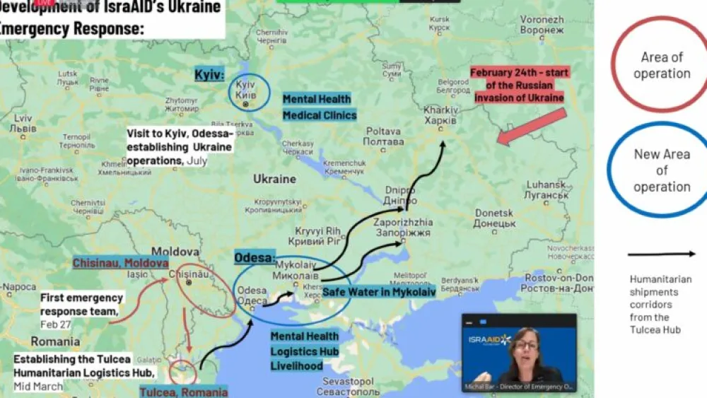 Screenshot of IsraAID’s Michal Bar showing a map of the NGO’s activities in and around Ukraine.