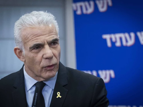 Israeli opposition leader Yair Lapid (Yesh Atid Party) leads a faction meeting at the Knesset, the Israeli parliament in Jerusalem, Nov. 24, 2025. Photo by Chaim Goldberg/Flash90.