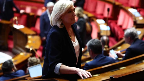 Marine Le Pen, president of Rassemblement National parliamentary group, arrives at a session of questions to the government at the National Assembly, France's lower house parliament, in Paris on April 1, 2025. Photo by Anne-Christine Poujoulat/AFP via Getty Images.