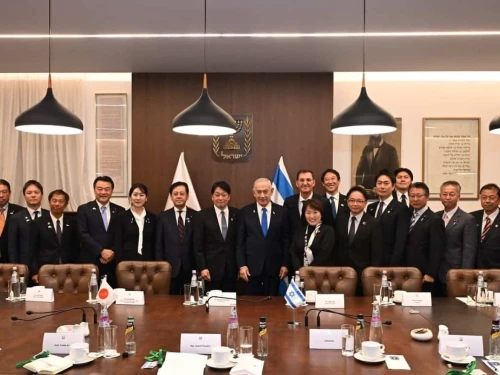 Israeli Prime Minister Benjamin Netanyahu and Knesset Foreign Affairs and Defense Committee Chairman Boaz Bismuth meet a delegation of Japanese lawmakers, at the Prime Minister's Office in Jerusalem, Jan. 7, 2026. Photo by Haim Zach/GPO.