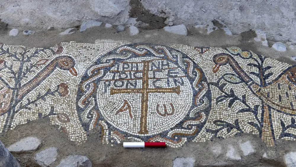 A close-up of the inscribed medallion flanked by Egyptian geese. Photo by Michael Eisenberg.