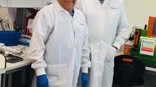 Dr. Shai Yarkoni (left) and Nuriel Chirich Kasbian in their lab at Cellect Biotechnology. Credit: Maayan Jaffe-Hoffman.
