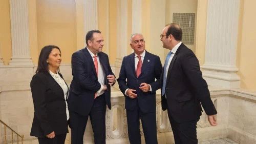 Iranian Crown Prince Reza Pahlavi (center) with Israeli Innovation, Science and Technology Minister Gila Gamliel and American lawmakers at an Israel Allies Foundation gathering on Capitol Hill in Washington, D.C., Dec. 10, 2025. Credit: Courtesy.