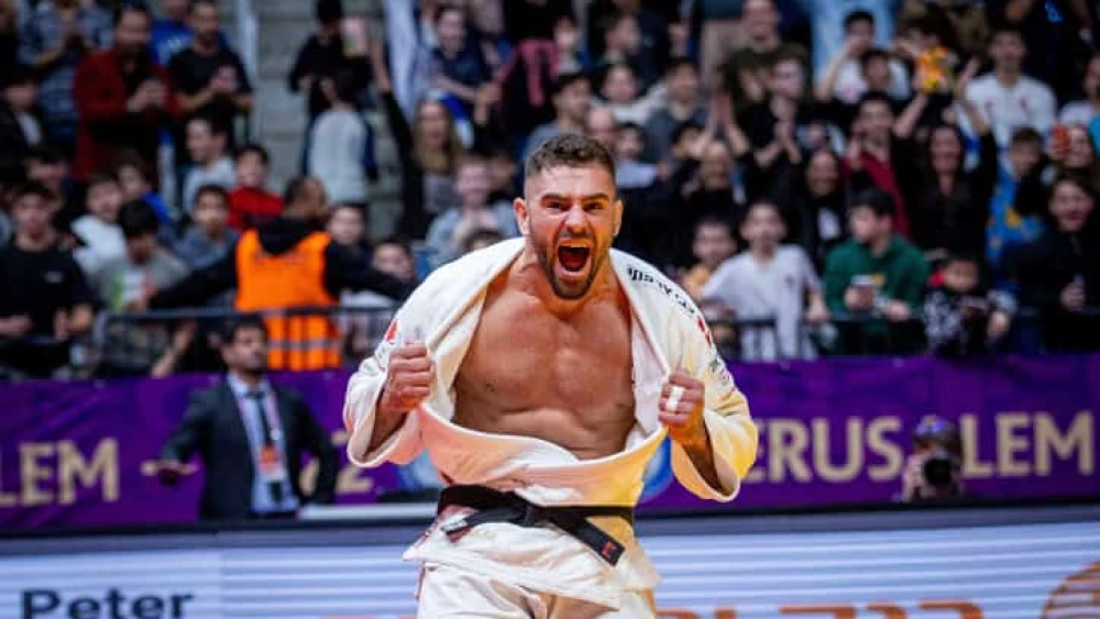 Israeli judoka Peter Paltchik after defeating Toma Nikiforov of Belgium in the men's -100 kg event of The Jerusalem Masters 2022, at the Pais Arena in Jerusalem, Dec. 22, 2022. Photo by Oren Ben Hakoon/Flash90.