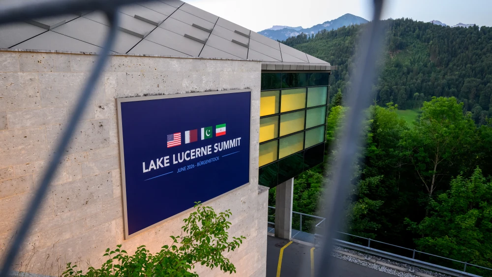 A sign is seen at the Bürgenstock resort in Lucerne, Switzerland, ahead of talks between the United States and Iran, June 21, 2026. Photo by Fabrice Coffrini/AFP via Getty Images.
