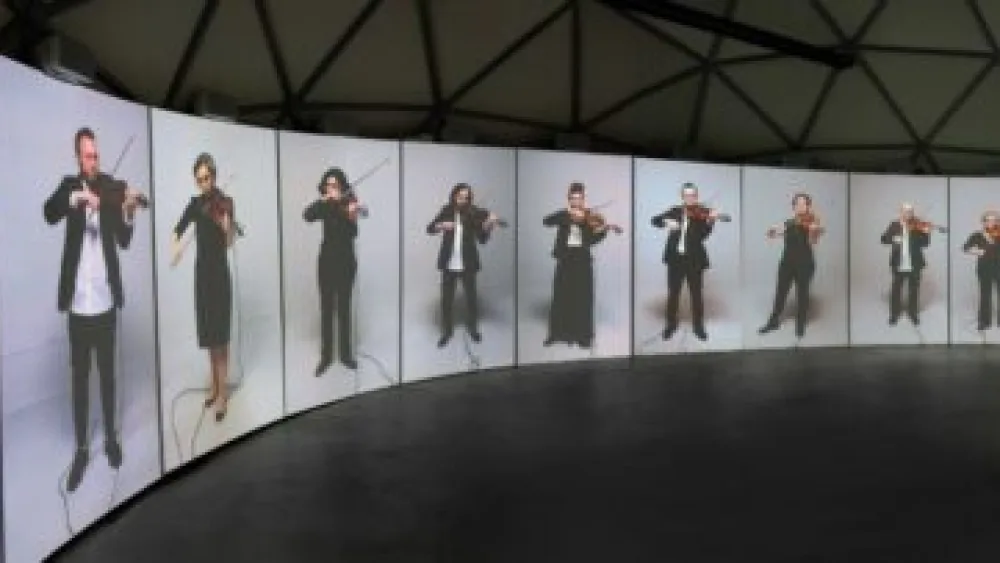 Elad Shniderman’s multiscreen work on chaos theory. Photo by Michael Amar/Fetter Nanoscience and Art Museum.