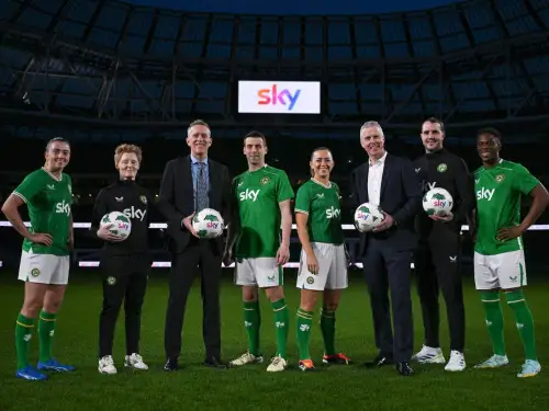 FAI CEO Jonathan Hill, third from left, stands with leading players and other soccer bosses in in Dublin Ireland on March 20, 2024. Photo courtesy of FAI.