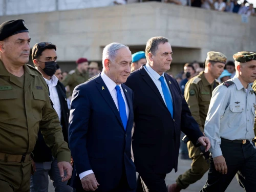 IDF Chief of Staff Eyal Zamir (left) with Prime Minister Benjamin Netanyahu and Defense Minister Israel Katz at the graduation of an IDF officers' course, October 30, 2025. Photo by Noam Revkin Fenton/Flash90.