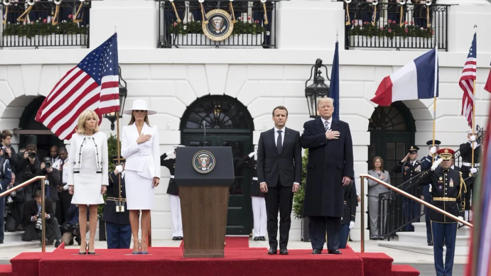 U.S. President Donald Trump and French President Emmanuel Macron at the White House, along with first lady Melania Trump and France's first lady Brigitte Macron. Credit: White House Photo.