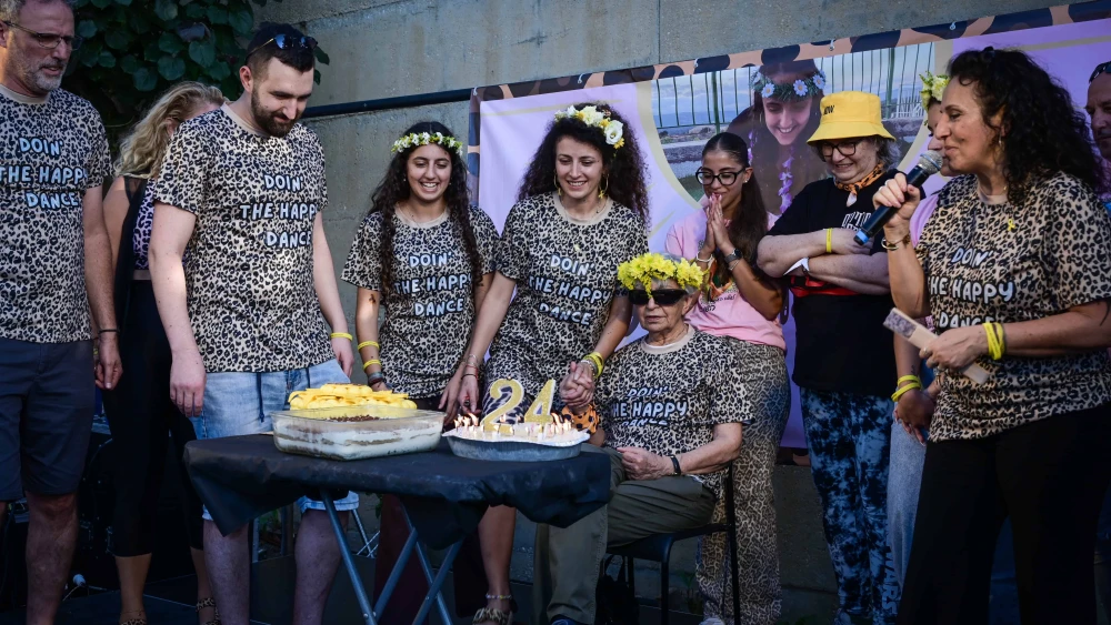 Family members of Israeli hostage Romi Gonen celebrate her 24th birthday in Hamas captivity in Tel Aviv, Aug. 18, 2024. Photo by Avshalom Sassoni/Flash90.