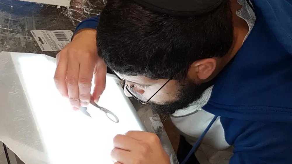 A Kosher Crops “mashgiach” (kosher supervisor) checks lettuce with the Star-K method of using a light with a “thrip cloth.” Credit: Israel Ellen.