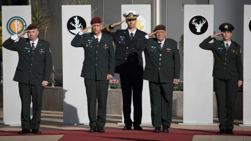 Outgoing IDF Chief of Staff Gadi Eizenkot with incoming Chief of Staff Aviv Kochavi during a handover ceremony at IDF Headquarters in Tel Aviv, on Jan. 15, 2019. Credit: Noam Revkin Fenton/Flash90.