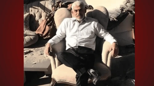 Hamas leader Yahya Sinwar in the ruins of his Gaza office, May 27, 2021. Credit: Courtesy.
