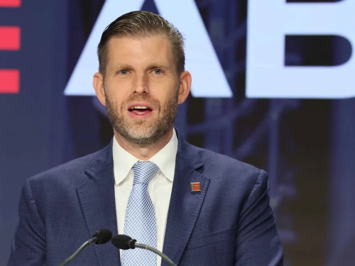 Eric Trump, co-founder and chief strategy officer of American Bitcoin, speaks before ringing the opening bell at the Nasdaq headquarters in New York City, Sept. 16, 2025. Photo by Michael M. Santiago/Getty Images.