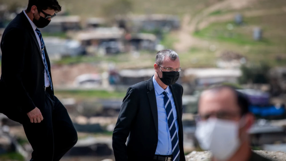 Knesset Speaker Yariv Levin at a conference of the Srugim news website above the Bedouin village Khan al-Ahmar in the West Bank on March 21, 2021. Photo by Yonatan Sindel/Flash90.