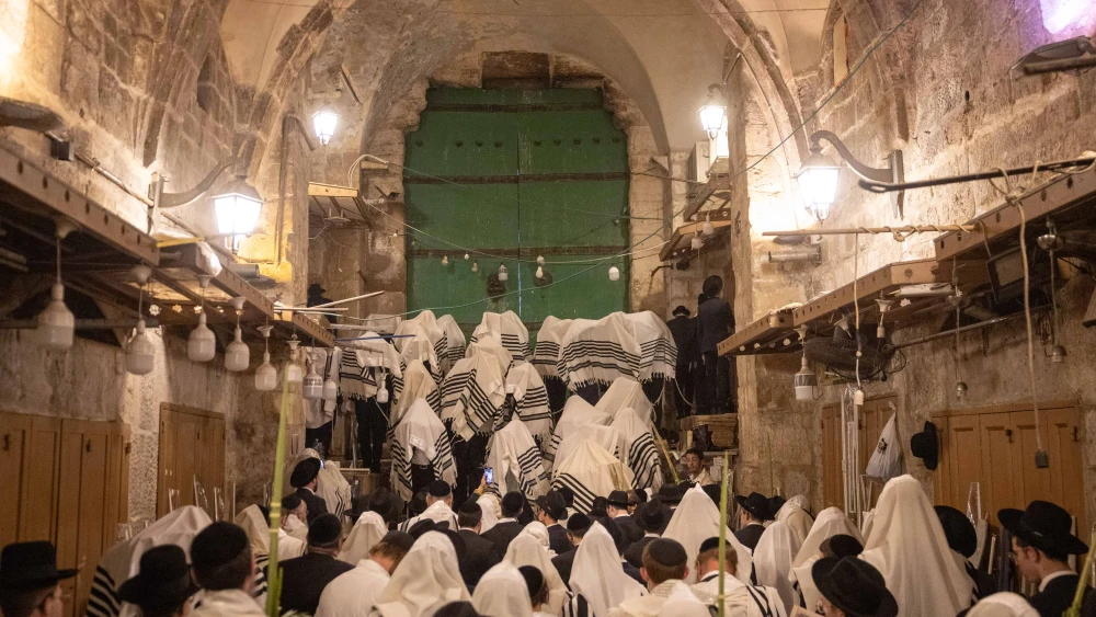 Jewish men cover with prayer shwals hold the four plant species - palm leave stalk, citrus, myrtle and willow-branches as they take part in a shaharit prayer during the Jewish holiday of Sukkot at the entrance to the Temple Mount in Jerusalem's Old City on October 8, 2025. Photo by Chaim Goldberg/Flash90 *** Local Caption *** תפילה חרדי מתפללים טלית סוכות לולב הושענא רבה כניסה הר הבית