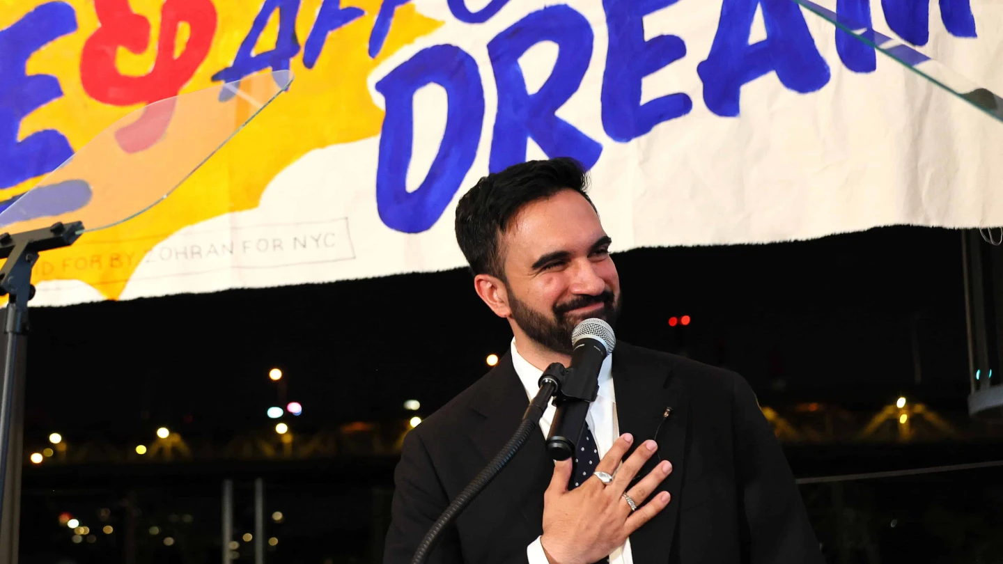 New York state assemblyman Zohran Mamdani addresses supporters at an Election Night gathering at the Greats of Craft LIC in the Long Island City neighborhood of the Queens, N.Y., on June 24, 2025. He was announced winner of the Democratic nomination for mayor in a crowded field in the city’s mayoral primary to choose a successor to New York City Mayor Eric Adams, who is running for re-election as an Independent. Photo by Michael M. Santiago/Getty Images.