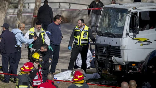 The scene of Sunday’s truck-ramming terror attack in Jerusalem. Credit: Yonatan Sindel/Flash90.