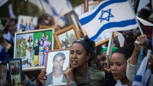 Israelis who immigrated from Ethiopia hold up family photos of loved ones who remain in Ethiopia during a protest to bring the rest of the Falash Mura in Jerusalem, on March 12, 2018. Credit: Yonatan Sindel/Flash90.