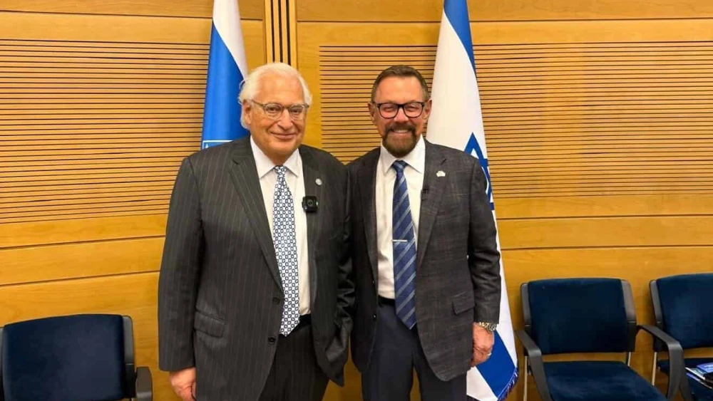Former US Ambassador to Israel David Friedman with American pastor Larry Huch at the Knesset's Christian Allies Caucus. Credit: Courtesy, October 21, 2025.