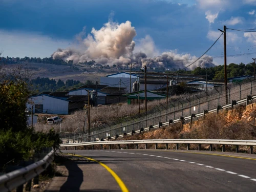 Smoke after a blast in the village of Yaroun in Southern Lebanon's Nabatieh Governorate, as seen from Moshav Avivim in Israel, Dec. 17, 2024. Photo by Ayal Margolin/Flash90.