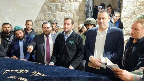 Knesset member Zvi Sukkot, Heritage Minister Amichai Eliyahu, Minister of Culture and Sport Miki Zohar and Samaria Regional Council head Yossi Dagan at Joseph's Tomb in Nablus, March 15, 2023. Credit: Samaria Regional Council.