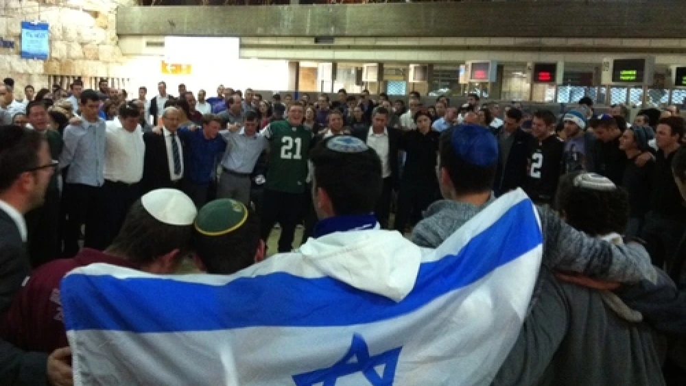 Saturday night's farewell ceremony for Ezra Schwartz in the old Ben-Gurion Airport building in Tel Aviv. Photo by Deborah Fineblum.