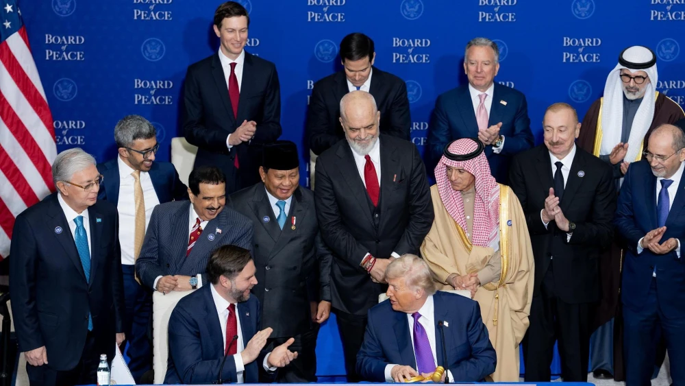 U.S. President Donald Trump and Vice President JD Vance at the Board of Peace meeting, held at the newly renamed Donald J. Institute of Peace (formerly the U.S. Institute of Peace) in Washington, D.C., on Feb. 20, 2026. Credit: The White House/Public Domain via Wikimedia Commons.