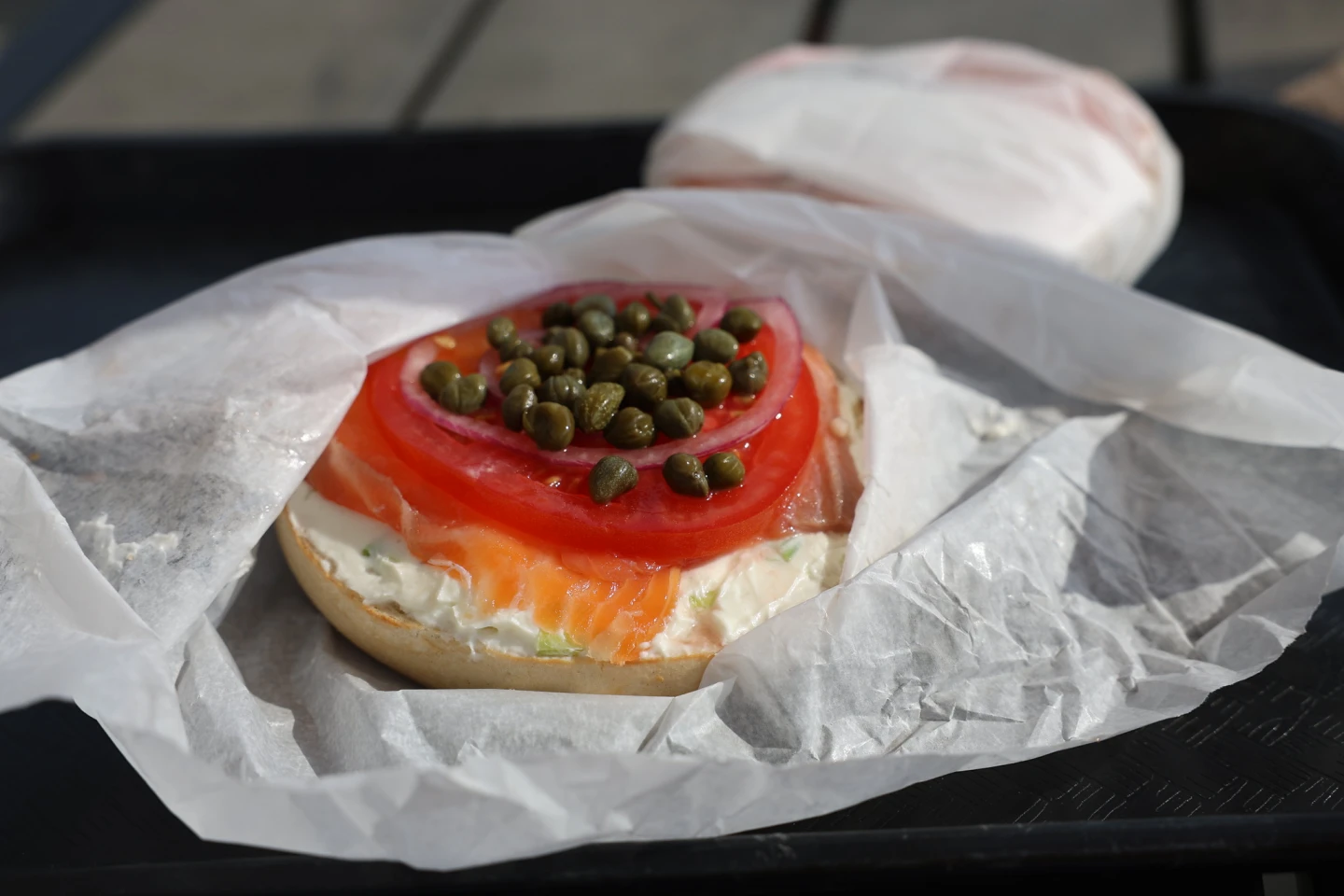 Yorgo’s kosher-certified everything bagel with scallion cream cheese, lox, red onions and capers. Photo by Bill Motchan.