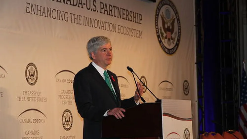 Click photo to download. Caption: On Labor Day weekend, Michigan Governor Rick Snyder (pictured) welcomed thousands of Muslims to Detroit for the annual convention of the Islamic Society of North America, where attendees heard from a disturbing lineup of radical Islamic speakers, reports Sarah N. Stern. Credit: US Mission Canada via Wikimedia Commons.