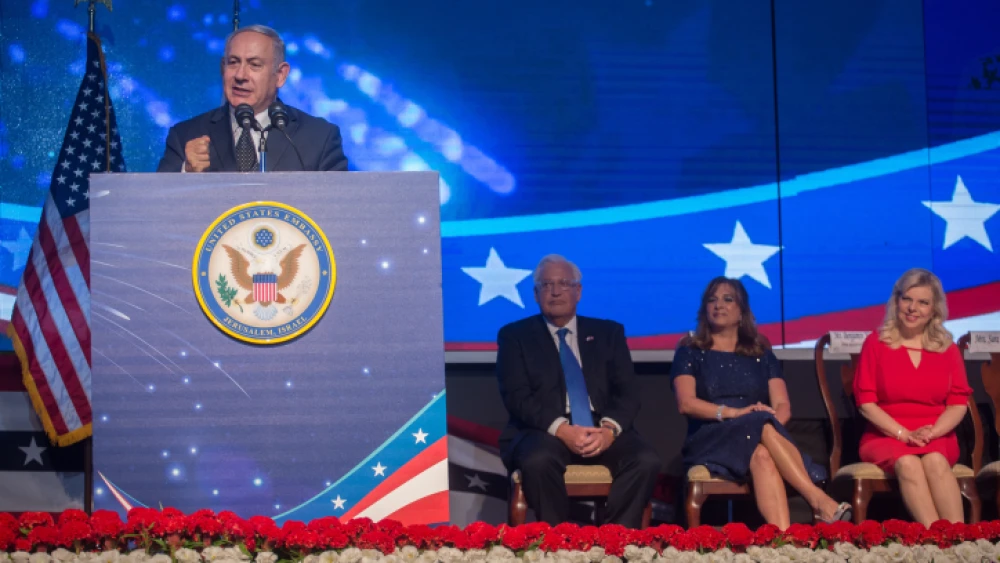 Prime Minister Benjamin Netanyahu speaks during an American Independence Day celebration on July 3, 2018. Photo by Miriam Alster/Flash90