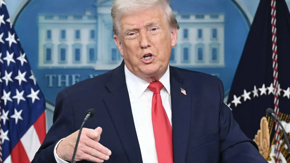 U.S. President Donald Trump speaks during a briefing in the Brady Briefing Room of the White House in Washington, DC, on Jan. 20, 2026. Photo by Saul Loeb / AFP via Getty Images.
