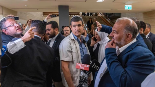 MK Itamar Ben-Gvir reacts during a press statement of Ra'am Party head Mansour Abbas at the Knesset on May 11, 2022. Photo by Olivier Fitoussi/Flash90.
