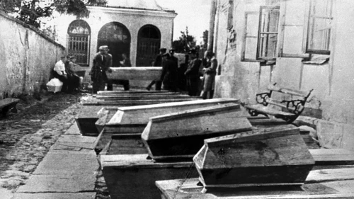 Coffins containing the bodies of Jews killed in the Kielce pogrom in Poland post-Holocaust and World War II, July 6, 1946. Courtesy of the United States Holocaust Memorial Museum in Washington, D.C.