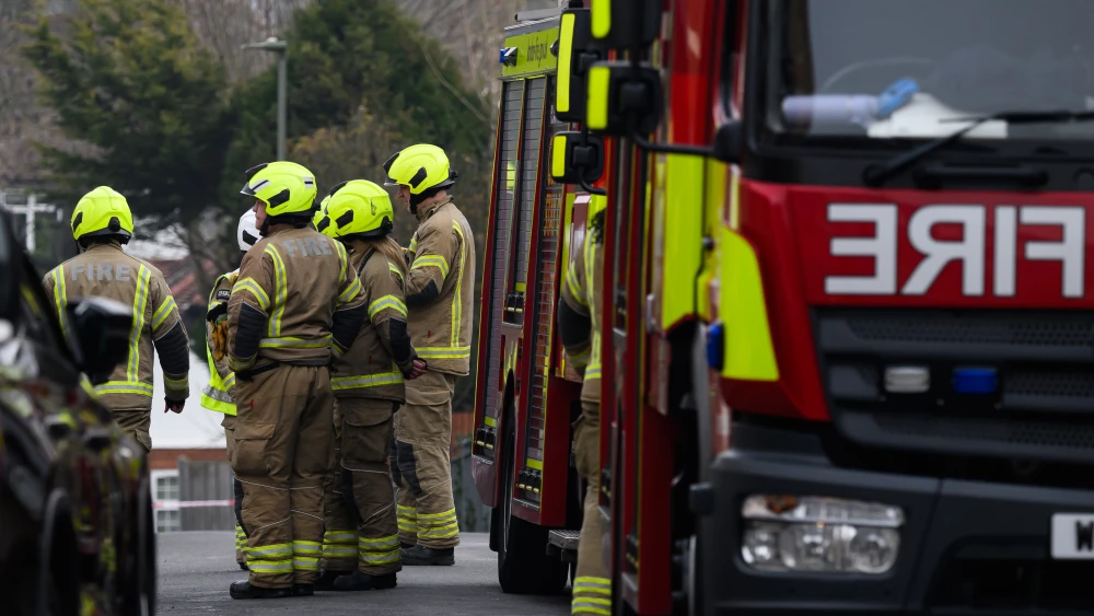 The London Fire Brigade respons to a blaze, March 23, 2026. Photo by Leon Neal/Getty Images.