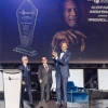 Kareem Abdul-Jabbar receiving Friends of Simon Wiesenthal Center's (FSWC) Ally Against Antisemitism Award. (L-R) FSWC Chair Fred Waks, FSWC President and CEO Michael Levitt, and Abdul-Jabbar. Credit: FSWC.