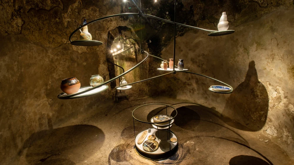 Some of the ceramic pieces by Israeli Canadian artist Nicole Kornberg Jacobovici that make up “Arteology: The Power of the Ancients in Contemporary Form,” Oct. 11, 2022. Credit: Eric Sultan.