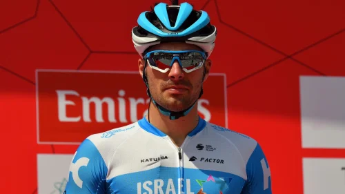 The French-born Rudy Barbier, who competes on the “Israel Start-Up Nation” cycling team, poses after finishing third in the UAE Tour on Sunday. Source: “Israel Start-Up Nation” via Twitter.